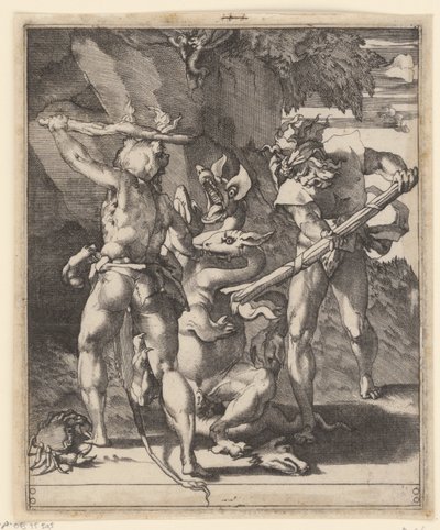 Herkules harcol a lernai hidrával Jelenetek Herkulesszal (sorozat címe) alkotó: Giovanni Jacopo Caraglio