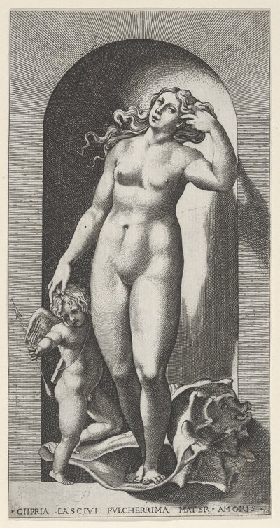 10. tábla: Vénusz fülkében, kagylóhéjon állva, jobbjában Ámorral, egy ser...-ből, 1526. alkotó: Giovanni Jacopo Caraglio