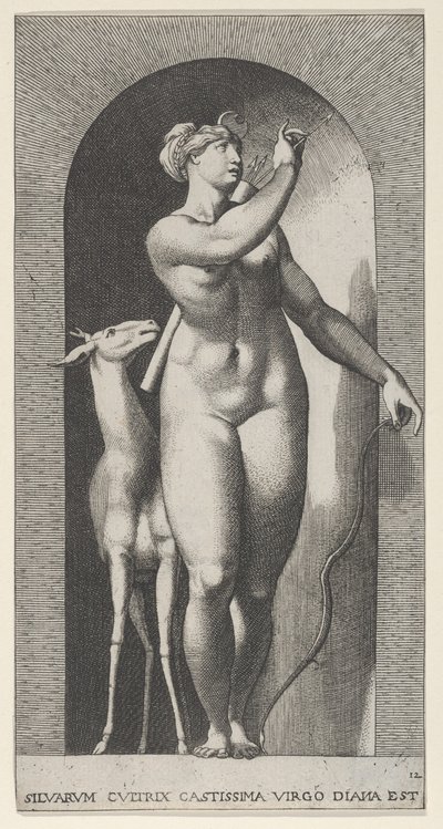 12. tábla: Diana egy fülkében áll, balra fordul, és egy nyilat húz ki a qu..., 1526. alkotó: Giovanni Jacopo Caraglio