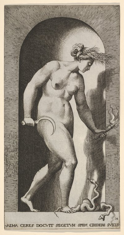14. tábla: Ceres egy fülkében, jobbra néz, egy kétfejű kígyó fölött áll és egy h...-t tart, 1526. alkotó: Giovanni Jacopo Caraglio