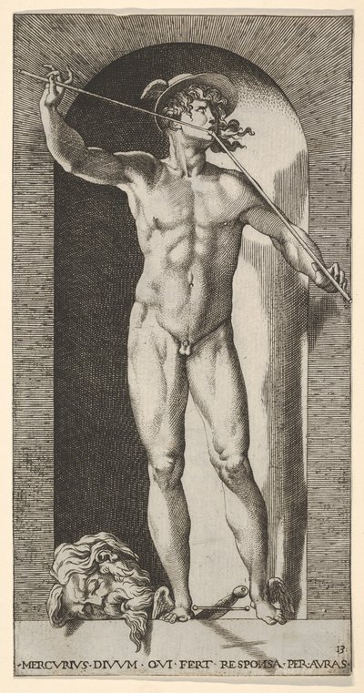 14. tábla: Mercury egy fülkében áll és pipáit játszik, egy régi m... levágott fejével, 1526. alkotó: Giovanni Jacopo Caraglio