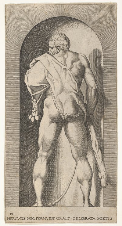 15. tábla: Herkules egy fülkében áll, oroszlánbőrt visel, botot tart a kezében, elnézve..., 1526. alkotó: Giovanni Jacopo Caraglio