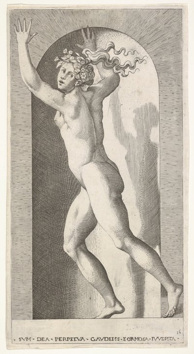 16. tábla: Hebe egy fülkében, kezével a levegőben, balra fut, miközben a ...-ra néz, 1526. alkotó: Giovanni Jacopo Caraglio