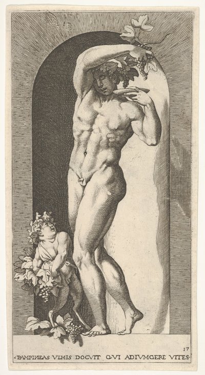 17. tábla: Bacchus egy fülkében áll, tányér fölött szőlőt tart, infa... kíséretében, 1526. alkotó: Giovanni Jacopo Caraglio