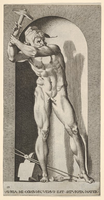 19. tábla: Egy fülkében álló vulkán kalapáccsal lengeti, üllővel, kalapáccsal és fogóval a..., 1526. alkotó: Giovanni Jacopo Caraglio