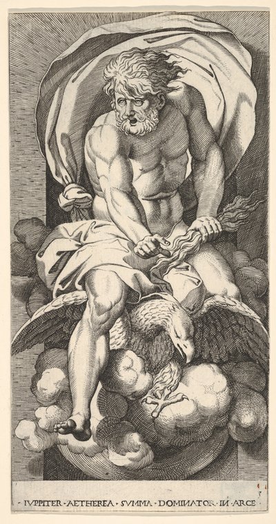 3. tábla: Jupiter egy résből kiemelkedik, sason lovagol, villámot tart a kezében, 1526. alkotó: Giovanni Jacopo Caraglio