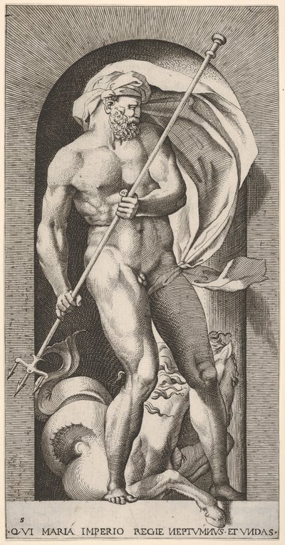 5. tábla: A fülkében álló Neptunusz háromágú, hippokampuszos tengeri ló beh..., 1526. alkotó: Giovanni Jacopo Caraglio