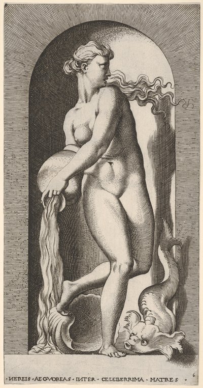 6. tábla: Thetis egy fülkében áll kagylóval és tengeri élőlénnyel, vizet ontva egy ..., 1526. alkotó: Giovanni Jacopo Caraglio