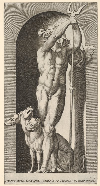 7. tábla: Plútó fülkében, kezében bident, mellette Cerberus, a m... sorozatból, 1526. alkotó: Giovanni Jacopo Caraglio
