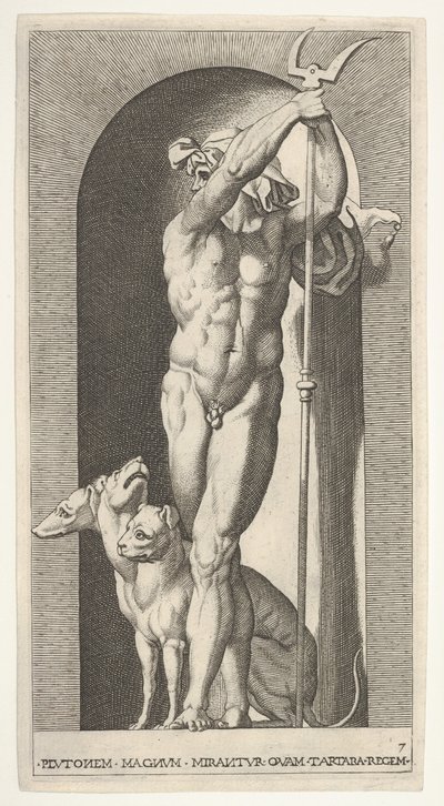 7. tábla: Plútó fülkében, kezében bident, mellette Cerberus, a m... sorozatból, 1526. alkotó: Giovanni Jacopo Caraglio