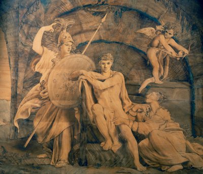 Herkules a hiúság és a hírnév kereszteződésében, Giovanni Maffezzoli (1779-1818) intarziás famunkái, Giuseppe Diotti festő (Olaszország) terve alapján alkotó: Giovanni Maffezzoli