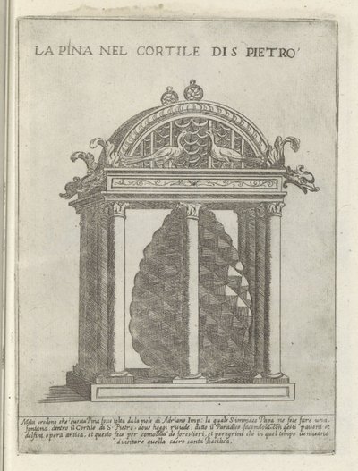 De Pigna te Vaticaanstand La Pina a Cortile di S. Pietroban (cím a tárgyon) Moderne en antieke monumenten en bouwwerken in Rome (sorozat címe) Róma almaváros ókori és modern épületeinek díszei (sorozat címe) alkotó: Giovanni Maggi