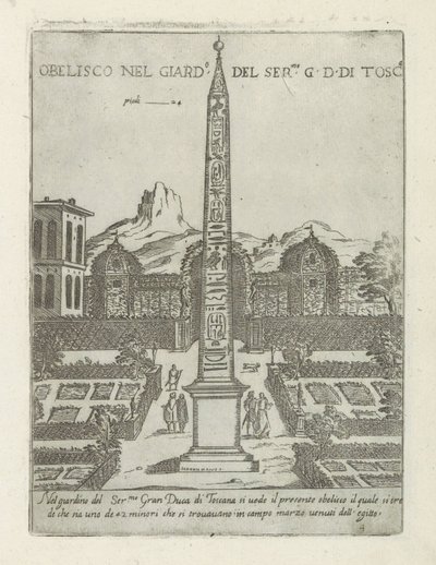 Egyiptomi obeliszk a római Villa Medici kertjében Obelisco nel giard.o del ser.mo G. D. Di Tosc.a (cím a tárgyon) Modern és ókori műemlékek és épületek Rómában (sorozat címe) Ornamenti di fabriche antichi et modern dell