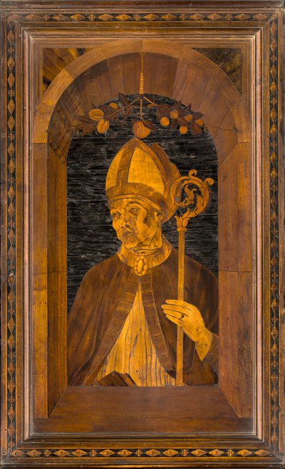 Lignaean Canonical Choir, intarzia: Giovanni Maria Platina 1484, Upper Stall, Sant