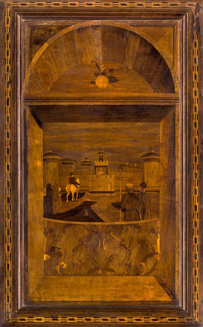 Lignaean Kanonikus Kórus, Giovanni Maria Platina intarzia 1484, Superior Stallo, Kilátás a milánói Sforzesco-kastélyra alkotó: Giovanni Maria Platina