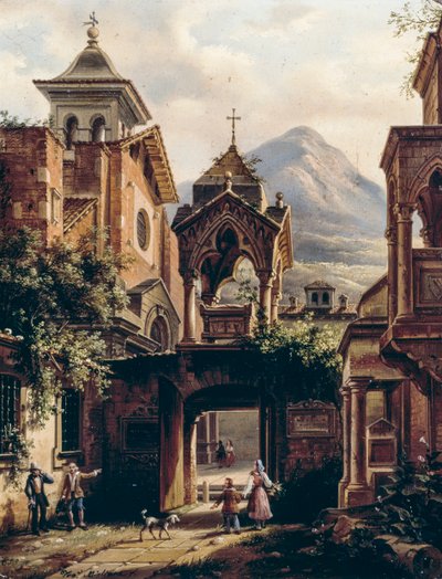 Az ókori apátság külseje személyekkel, Giovanni Migliara (1785-1837) (Teodolinda Migliara aláírásával), olaj, fedélzeten alkotó: Giovanni Migliara