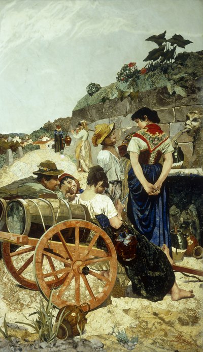 Egy olasz piaci jelenet (mozaik) alkotó: Giovanni Montelatici
