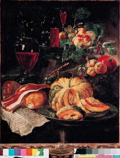 Csendélet Sütőtök, szalonna, sonka, őszibarack és bor. Giovan Paolo Castelli dit Lo Spadino (1659-1730) festménye 1703 Róma, Conservatori capitolini Múzeum alkotó: Giovanni Paolo Castelli