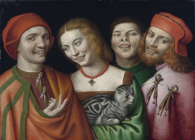 ""Három férfi és egy macskát tartó nő portréja" (Három férfi macskát tartó nővel) Giovanni Paolo Lomazzo (1538-1600) festménye Magángyűjtemény alkotó: Giovanni Paolo Lomazzo