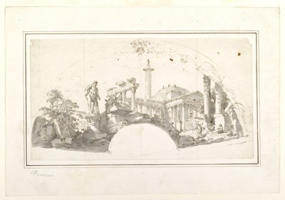 Tervezés egy ventilátorhoz: Capriccio római romokkal és a Farnese Herculesszel alkotó: Giovanni Paolo Panini