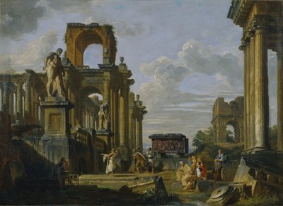 A Forum Romanum építészeti capriccioja filozófusokkal és katonákkal az ókori romok között alkotó: Giovanni Paolo Pannini