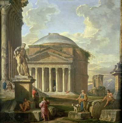 Kilátás a Pantheonra, a Farnese Herculesre és más római romokra alkotó: Giovanni Paolo Pannini
