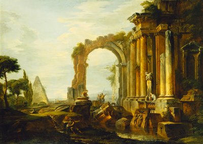 Klasszikus romok capriccioja Cestius piramisával és alakokkal a tájban, alkotó: Giovanni Paolo Pannini