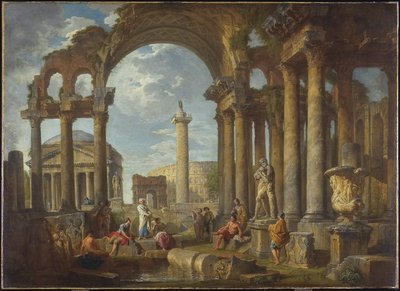 A római romok capriccioja a Pantheonnal, 1755 körül alkotó: Giovanni Paolo Pannini