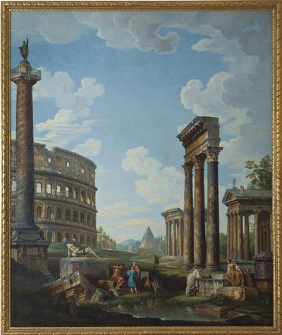 Capriccio figurákkal római romokban, köztük Konstantin íve és a Pantheon, a Colosseum és Traianus-oszlop (Traianus oszlopa vagy Colonna Traiana) – Giovanni Paolo Panini (Pannini) (1691-1765) festménye, olaj, vászon, 2108. x1 alkotó: Giovanni Paolo Pannini