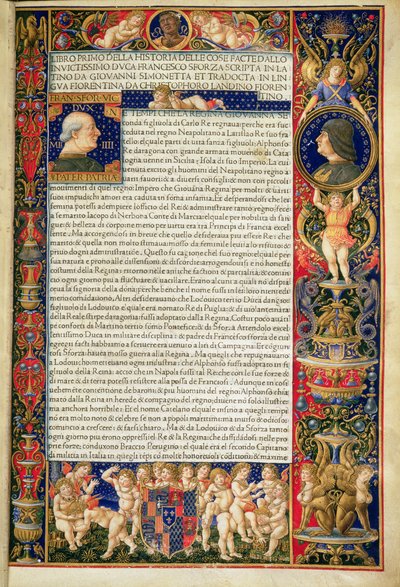 Grenville MS 7251 A Ludovico Sforza számára kivégzett „Sforziada vagy Francesco Sforza élete” luxusmásolatának homlokzata, Giovanni Simonetta latin eredetijének olasz fordítása alkotó: Giovanni Pietro Birago