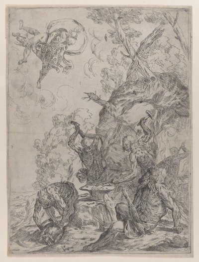 Vulkán kovácsa kalapáccsal üllőt ütő kovácsokkal..., 1640-59. alkotó: Giovanni Pietro Possenti