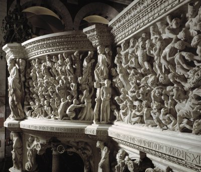 Giovanni Pisano (1248-1314) által megvalósított szék részlete: Krisztus-bíró a választottak és az elátkozottak között (Részlet a márvány szószék domborműveiről, a Krisztus a választottak és az elkárhozott lelkek között) 1302-1311 Pisai katedrális (Duomo di alkotó: Giovanni Pisano