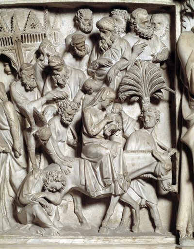 Giovanni Pisano (1248-1314) által készített szék domborműveinek részlete: A márvány szószék domborműveinek részlete, repülés Egyiptomba 1302-1311 Cathedrale de Pisa (Duomo di Pisa), Olaszország alkotó: Giovanni Pisano