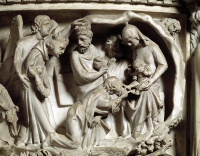 Giovanni Pisano (1248-1314) által készített szék domborműveinek részlete: A márvány szószék domborműveinek részlete, a mágusok imádása 1302-1311 Pisai katedrális (Duomo di Pisa), Olaszország alkotó: Giovanni Pisano