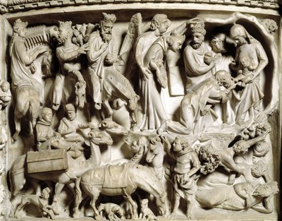 Részlet a Giovanni Pisano (1248-1314) által készített Szék domborműveiről: az utazás és a mágusok imádása (Részlet a márvány szószék domborműveiről, a mágusok utazásáról és imádatáról) 1302-1311 Pisai katedrális (Duomo di Pisa), Olaszország alkotó: Giovanni Pisano