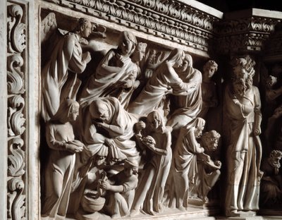 Részlet a Giovanni Pisano (1248-1314) által megvalósított szék domborműveiről: Keresztelő János angyali üdvözlete, látogatása és születése (A márvány szószék domborműveinek részlete, az angyali üdvözlet, a látogatás és Keresztelő Szent János születése) 130 alkotó: Giovanni Pisano