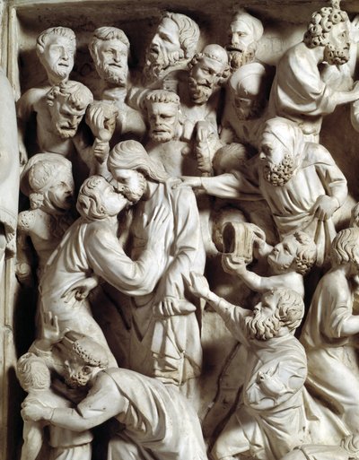 Részlet a Giovanni Pisano (1248-1314) által készített szék domborműveiről: Júdás csókja (A márvány szószék domborműveinek részlete, Júdás csókja) 1302-1311 Pisai katedrális (Duomo di Pisa), Olaszország alkotó: Giovanni Pisano