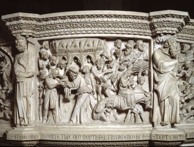 Giovanni Pisano (1248-1314) Szék domborműveinek részlete: Jézus bemutatása a templomban és menekülés Egyiptomba (A márvány szószék domborműveinek részlete) 1302-1311 Pisai katedrális (Duomo di Pisa) , Olaszország alkotó: Giovanni Pisano