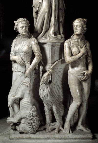 A Giovanni Pisano (1248-1314) által megvalósított Széket támogató szobrok részlete: két kardinális erény (A márvány szószéket alátámasztó szobrok részlete, két kardinális erény) 1302-1311 Cathedrale de Pisa (Duomo di Pisa), Olaszország alkotó: Giovanni Pisano