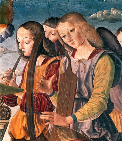 Angyalok hangszerekkel, részlet a Szent beszélgetésből Madonnával és az adományozókkal és szentekkel trónoló gyermekkel alkotó: Giovanni Santi
