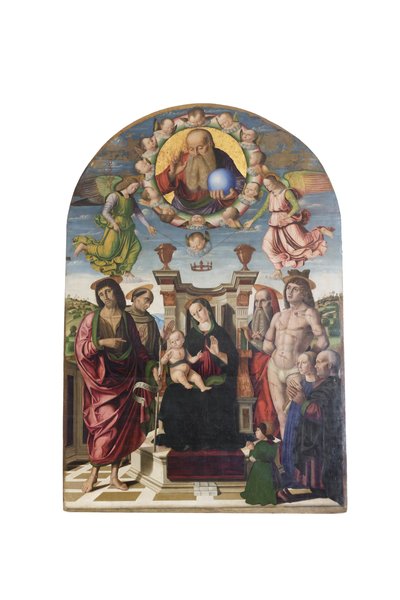 Madonna és gyermeke szentekkel trónolva alkotó: Giovanni Santi
