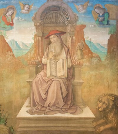 Saint Jerome Enthroned (tempera a panelen) alkotó: Giovanni Santi or Sanzio