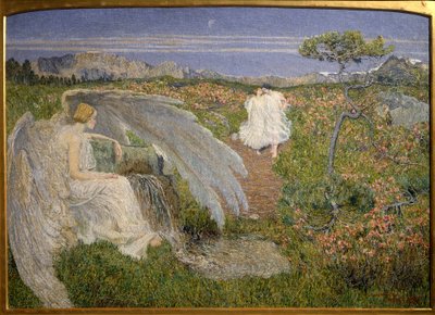Az élet szerelemforrása: egy angyal, aki egy pár sétát néz egy álomszerű tájon alkotó: Giovanni Segantini