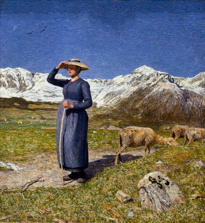 Délben az Alpokban Egy bergere védi a szemét a naptól. Giovanni Segantini (1858-1899) festménye 1891 V. 7,5x71,57 cm Collection O. Fischebacher alkotó: Giovanni Segantini