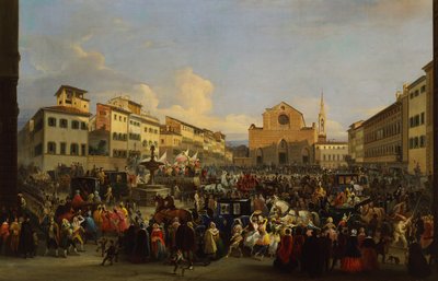 Piazza Santa Croce Firenzében a karnevál idején alkotó: Giovanni Signorini