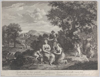 A Primavera, a virágokat gyűjtő és belőlük koronát készítő nők csoportja, kb. 1764. alkotó: Giovanni Volpato