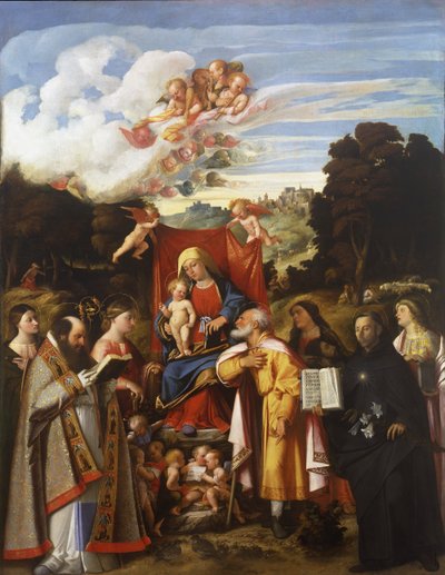 Madonna az angyalokkal, Szent Apollónia, Szent Ágoston, Szent Katalin, Szent József, Szent Gráta, Benizzi Szent Fülöp és Szent Borbála (Szent Gotthárd oltárkép) alkotó: Giovanni de Busi Cariani