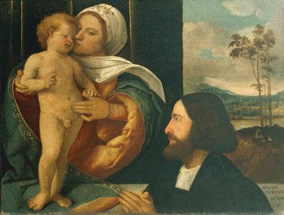 Giovanni Cariani (1485 és 1490 között született - 1547 után halt meg) Madonna gyermekével és bhaktával alkotó: Giovanni de Busi Cariani