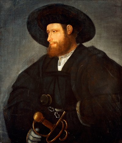Egy úriember portréja, félalakos, fekete jelmezben és fekete kalapban, alkotó: Giovanni de Busi Cariani