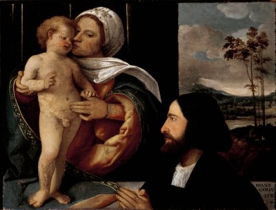 Szűz és gyermek egy odaadó férfival, Giovanni Busi dit Cariani festménye (1482-1547) alkotó: Giovanni de Busi Cariani